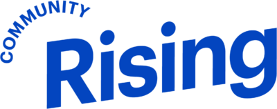 Blue text logo displaying the words "Community Rising" with "Community" curved over the word "Rising. Saint Joseph's College of Maine