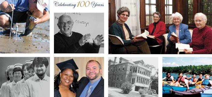 A collage of images includes people working outdoors at Saint Joseph’s, a man teaching important things, a women's book club, a black-and-white photo of children, a graduate with a man, an old building, and people kayaking. Saint Joseph's College of Maine