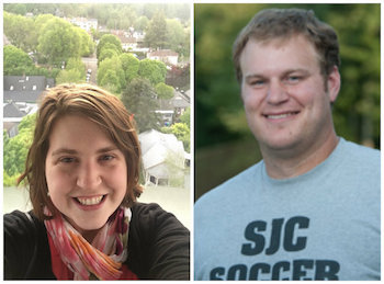 A woman with short hair wearing a scarf, Kaitlyn Cunningham Morse, smiles in a selfie on the left, while Jeff Yaeger, wearing a gray "SJC Soccer" shirt, smiles outdoors on the right. Saint Joseph's College of Maine