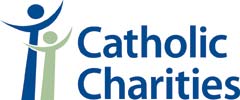 Logo of Catholic Charities featuring two abstract human figures in blue and green to the left of the organization's name in blue text, symbolizing community support and personal growth. Saint Joseph's College of Maine