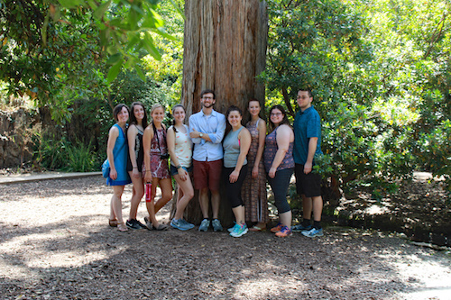 A group of nine people, participating in a Saint Joseph’s College Summer Internship, stand and pose in front of a large tree trunk in a wooded park. Saint Joseph's College of Maine