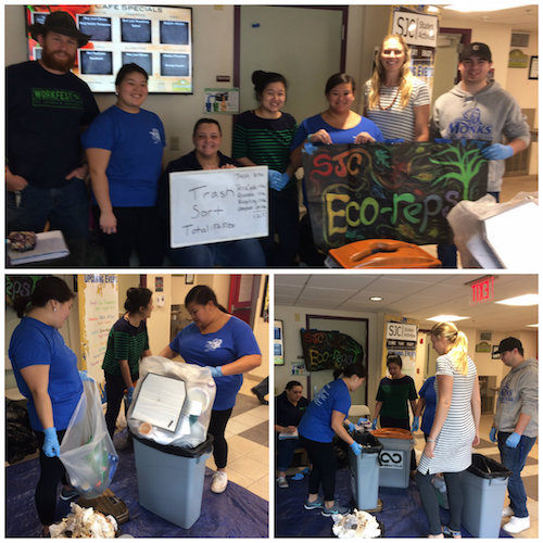 A group of people, possibly participating in a Student Trash Study, are engaged in various activities related to waste sorting at an eco-reps event. They appear to be sorting trash into different bins in what looks like a community or school setting, perhaps anticipating a dramatic discovery. Saint Joseph's College of Maine
