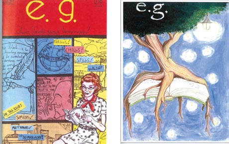 Two colorful comic book covers are displayed. The left cover shows a woman reading with different colored panels around her, reminiscent of a vibrant campus scene. The right cover depicts a tree blooming out of an open book with stars in the background, evoking the wonder of a literary magazine. Both covers have "e.g." written at the top. Saint Joseph's College of Maine