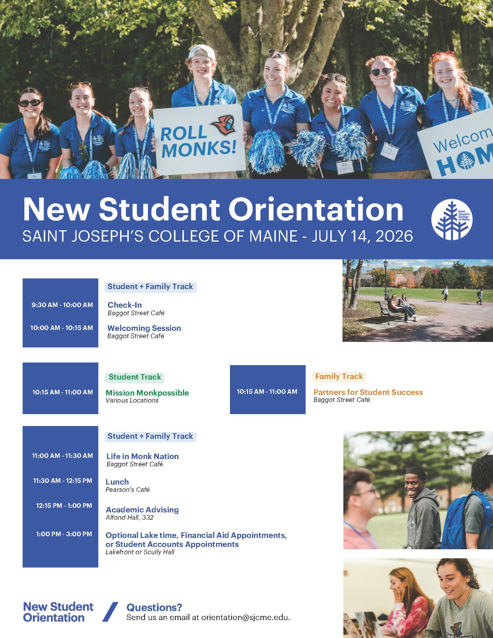 Group of smiling orientation leaders pose outdoors, holding welcome signs and wearing blue shirts, above a detailed event schedule for New Student Orientation at Saint Joseph’s College of Maine, dated July 14, 2026—ensuring all attendees feel welcomed and prepared for their New Student Orientation experience. Saint Joseph's College of Maine