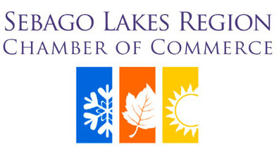 Logo for the Sebago Lakes Region Chamber of Commerce, featuring the text and three colored panels with icons representing a snowflake, leaf, and sun—perfect for promoting local Conferences And Events. Saint Joseph's College of Maine