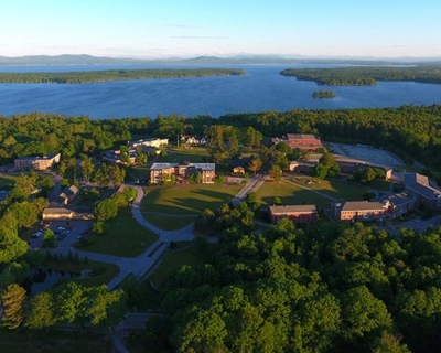 aerial of campus and lake