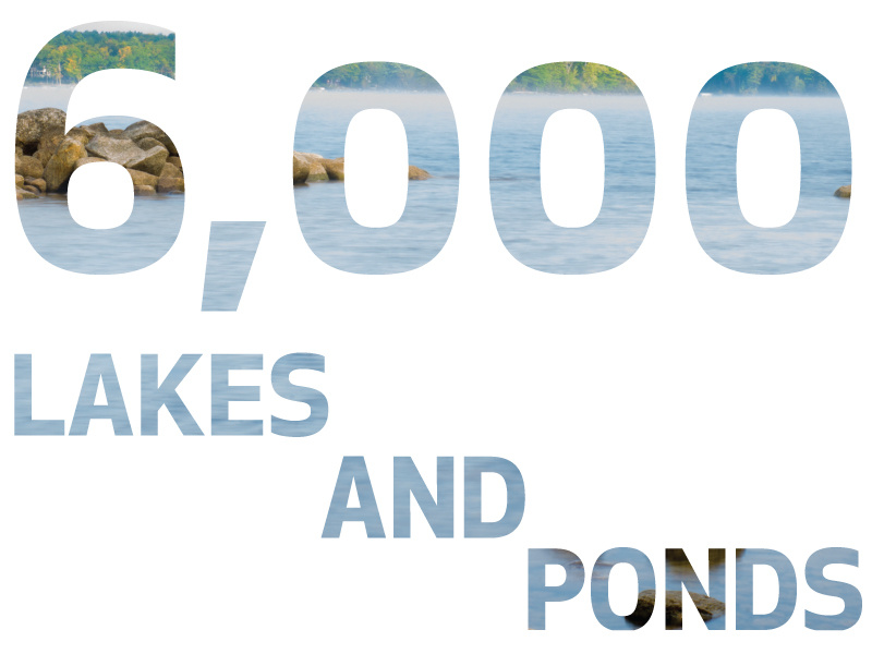 Text reads "Explore Maine: 6,000 lakes and ponds" with a background image of a lake with rocks and trees. Saint Joseph's College of Maine